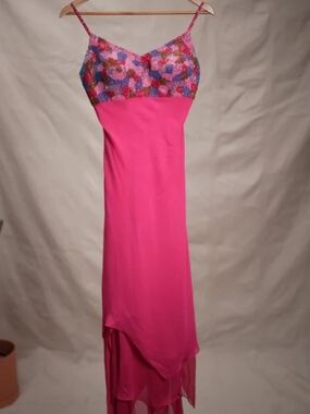 Precious Formals Bright Pink High-Low Sequin Bodice Dress